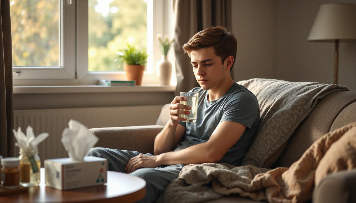 Person resting at home while taking cefixime antibiotic, illustrating the early stage of recovery and waiting for the medicine to work.